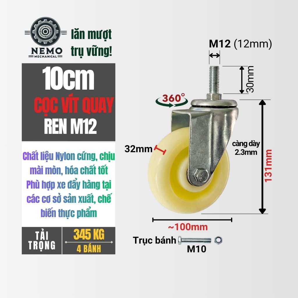 Bánh Xe Nylon Trắng Cọc Vít M12 – Chống Nước, Kháng Hóa Chất (D75, D100, D125)